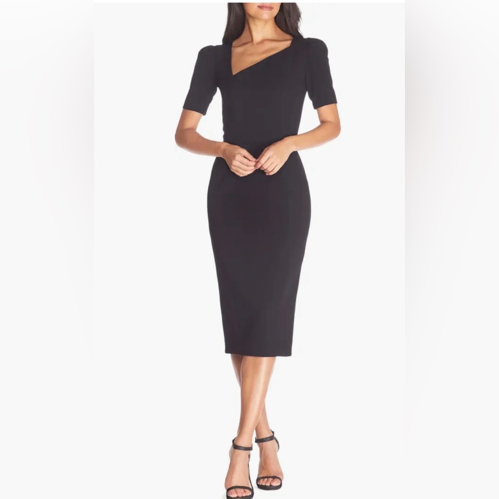 Dress the Population Black Asymmetric Neck Midi Dress